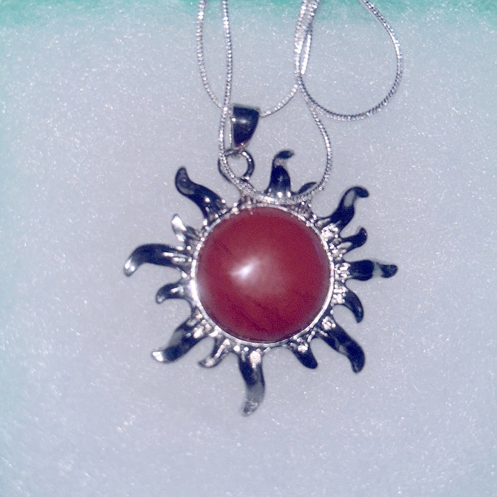 Boho hippie Carnelian Crystal Sun Sterling Silver Necklace 16”